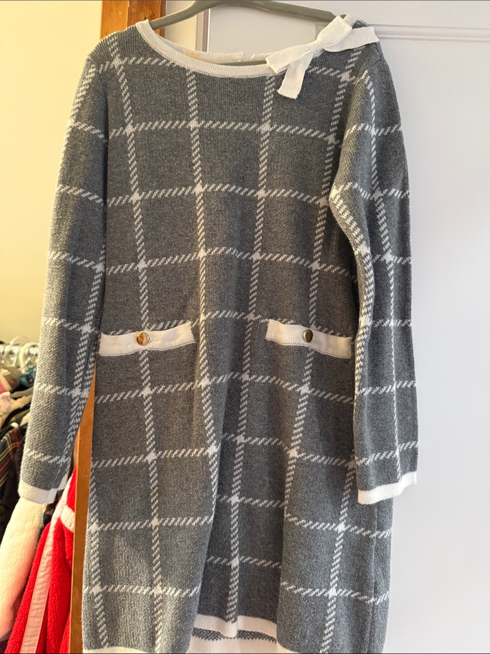 Gray Plaid Crewneck Sweater Dress with White Trim